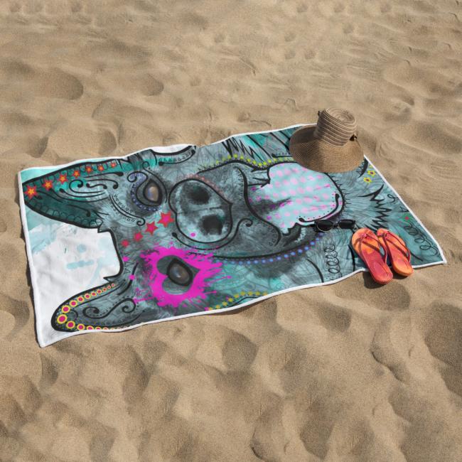 Preview: Badehandtuch Eddy – Popart-Hundemotiv, 75x165 cm, 100 % Polyester, weich & schnelltrocknend